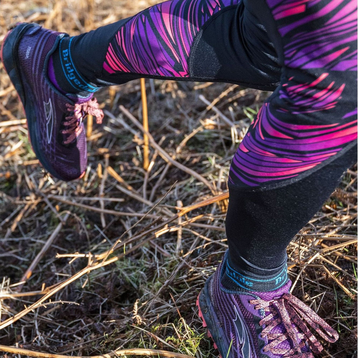 Women’s navy and purple striped low-cut trail sport merino wool socks