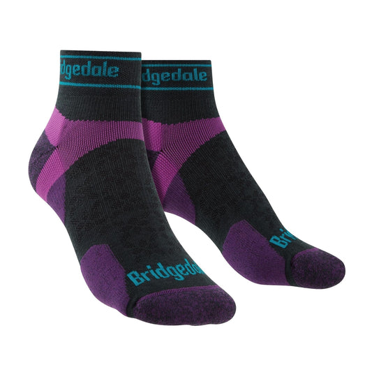 Pair of low-cut merino wool sport trail socks, charcoal and purple, cushioned toe