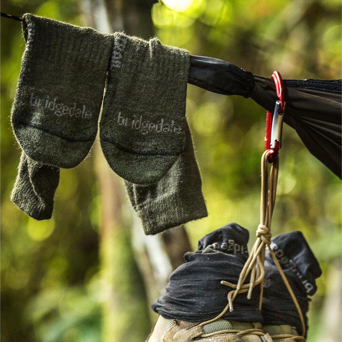Men’s hiking boot socks, dark green-gray with subtle Bridgedale logo on cuff