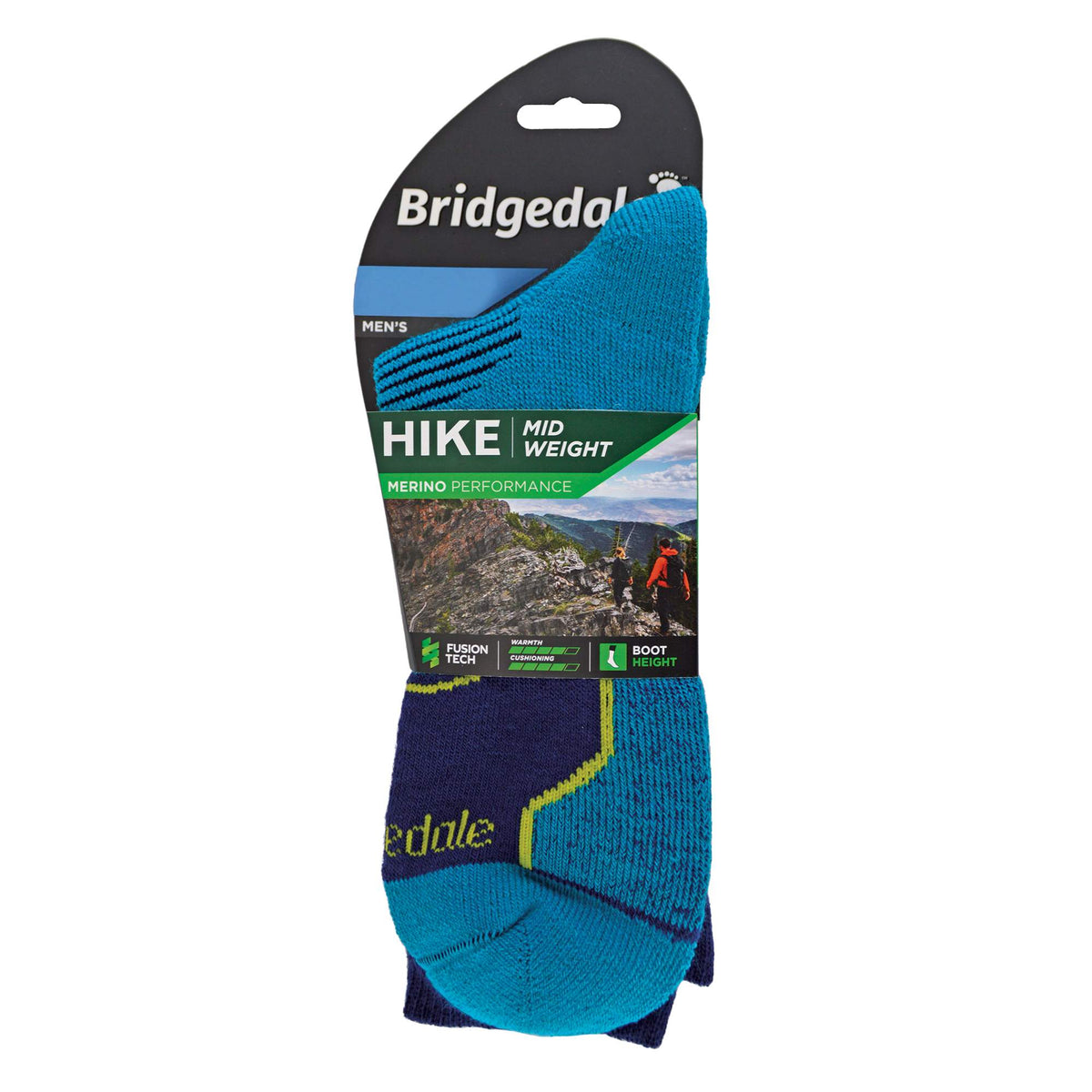 Bridgedale Hike midweight merino boot socks, package card with blue sock shown