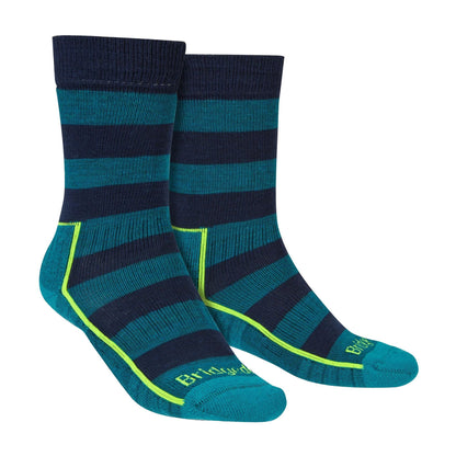 Teal striped merino hiking boot socks with neon yellow trim and green logo