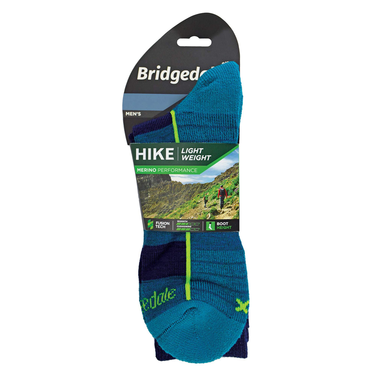 Lightweight merino hiking boot socks in teal and navy stripes with neon yellow accents