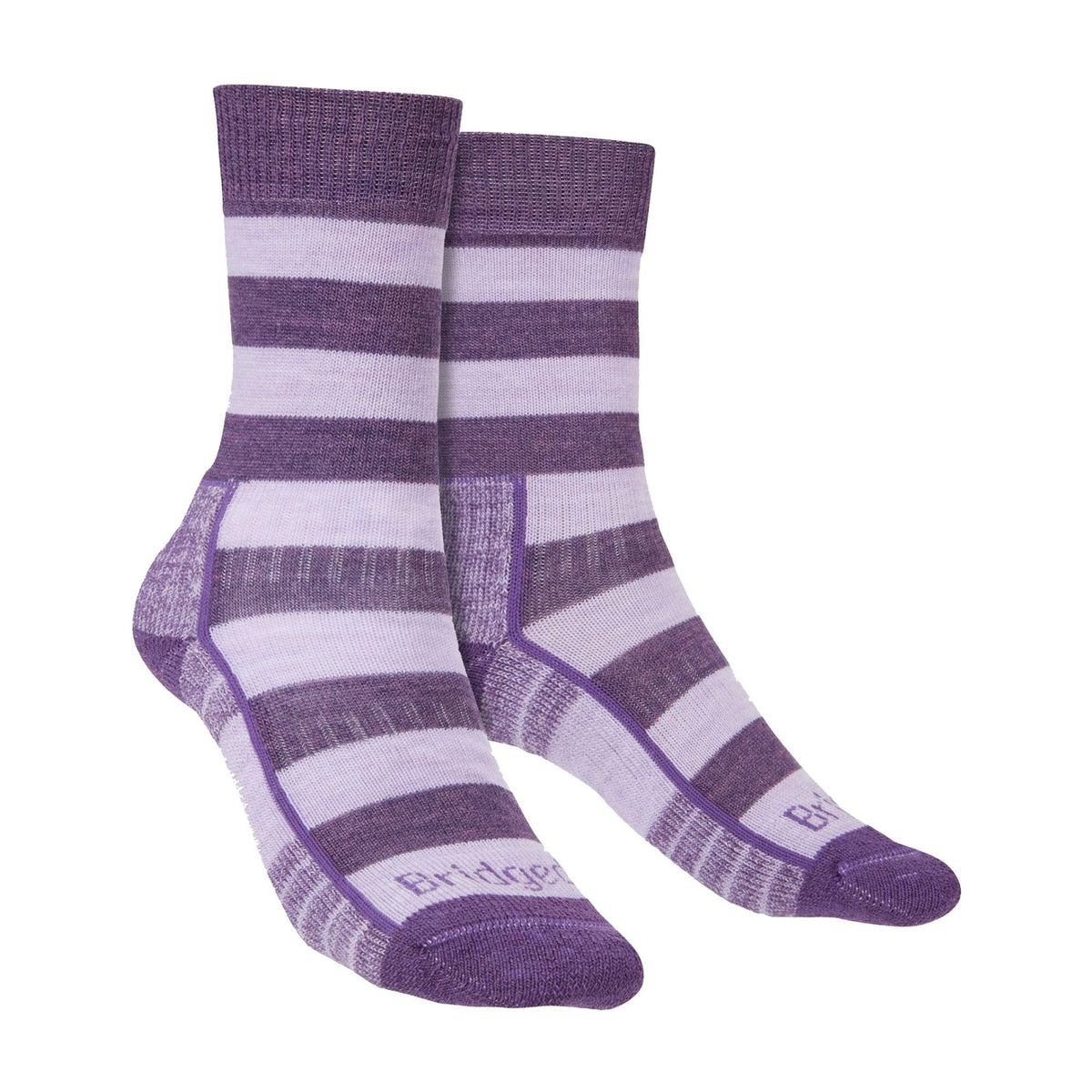 Striped boot socks in purple and light lavender, ribbed cuffs and cushioned foot