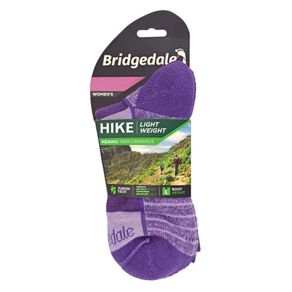 Bridge-dale women's hike light merino boot socks in purple on retail package