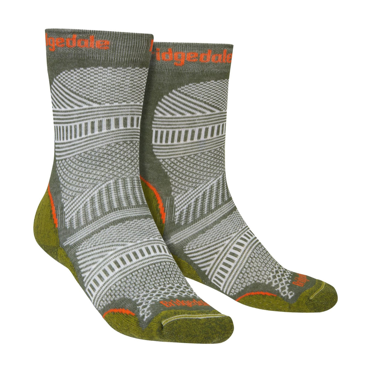 Men's hiking boot socks, olive green with geometric stripes and orange accents