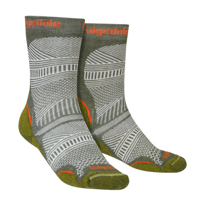 Men's hiking boot socks, olive green with geometric stripes and orange accents