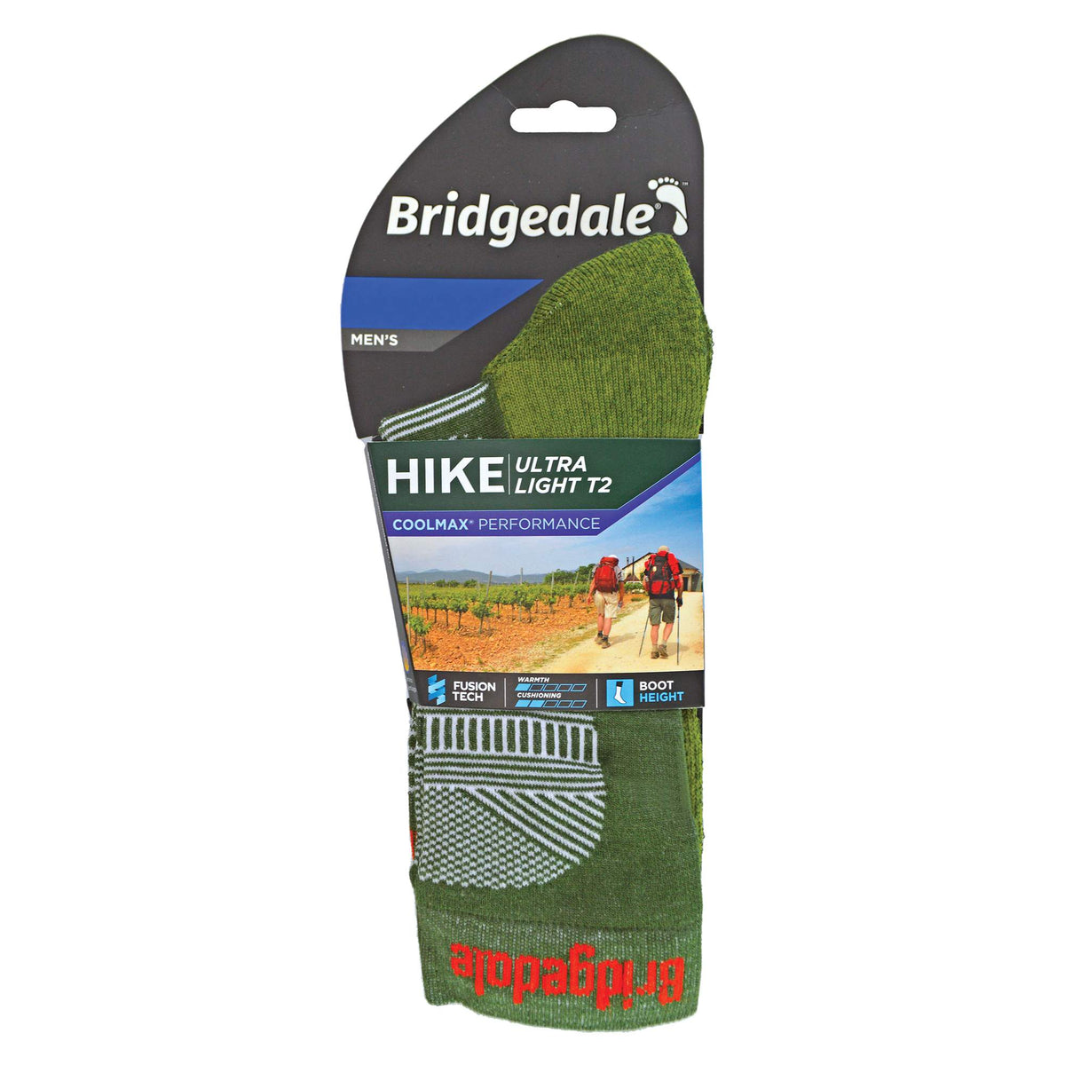 Men's hiking boot socks on retail card, olive green with white stripe pattern and orange