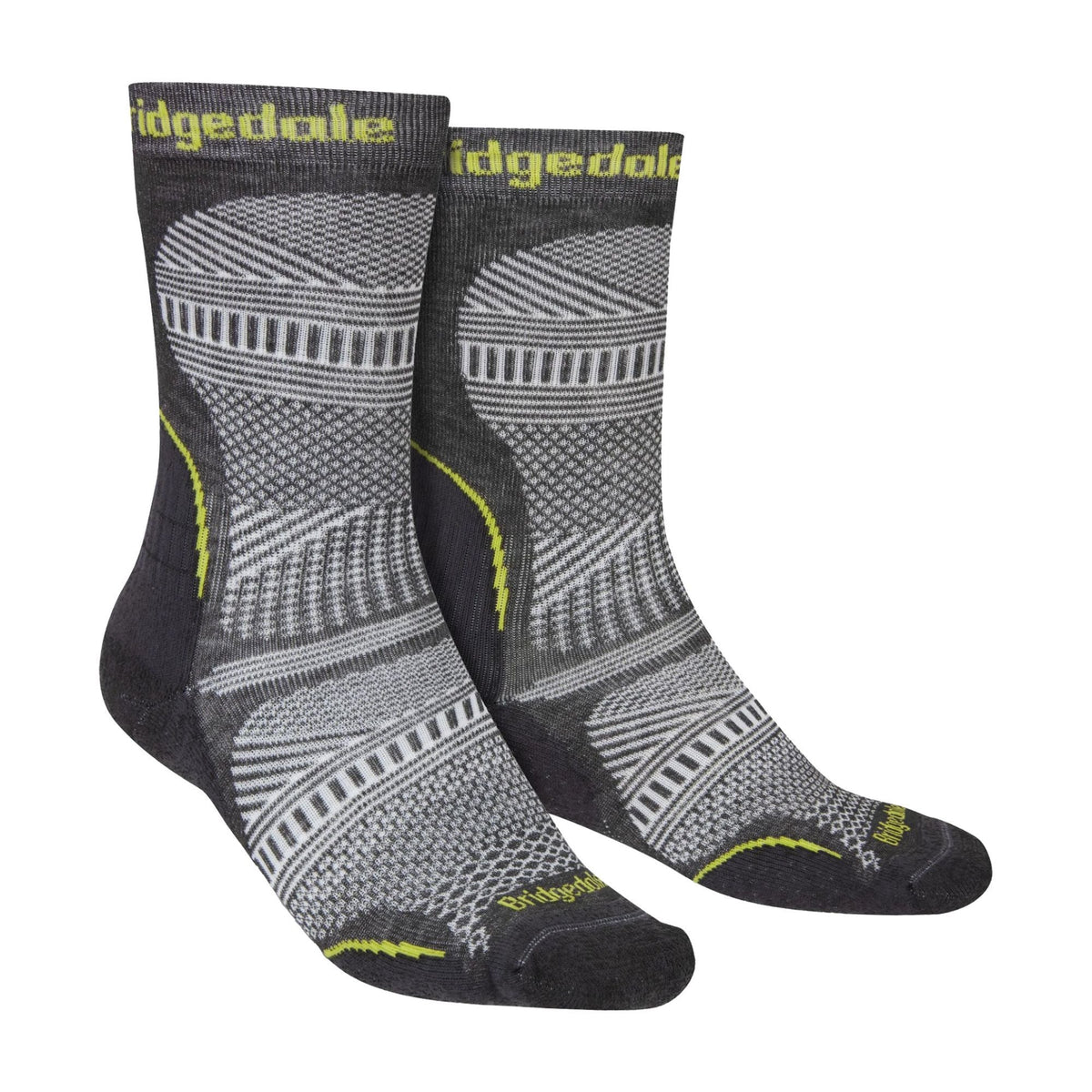 Men's hiking boot socks, graphite gray with geometric stripes and neon yellow accents