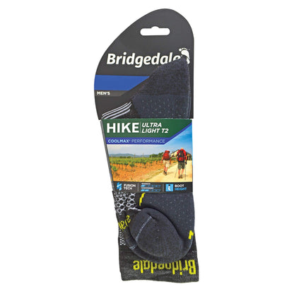 Men's hiking boot socks on retail card, dark gray with neon yellow pattern