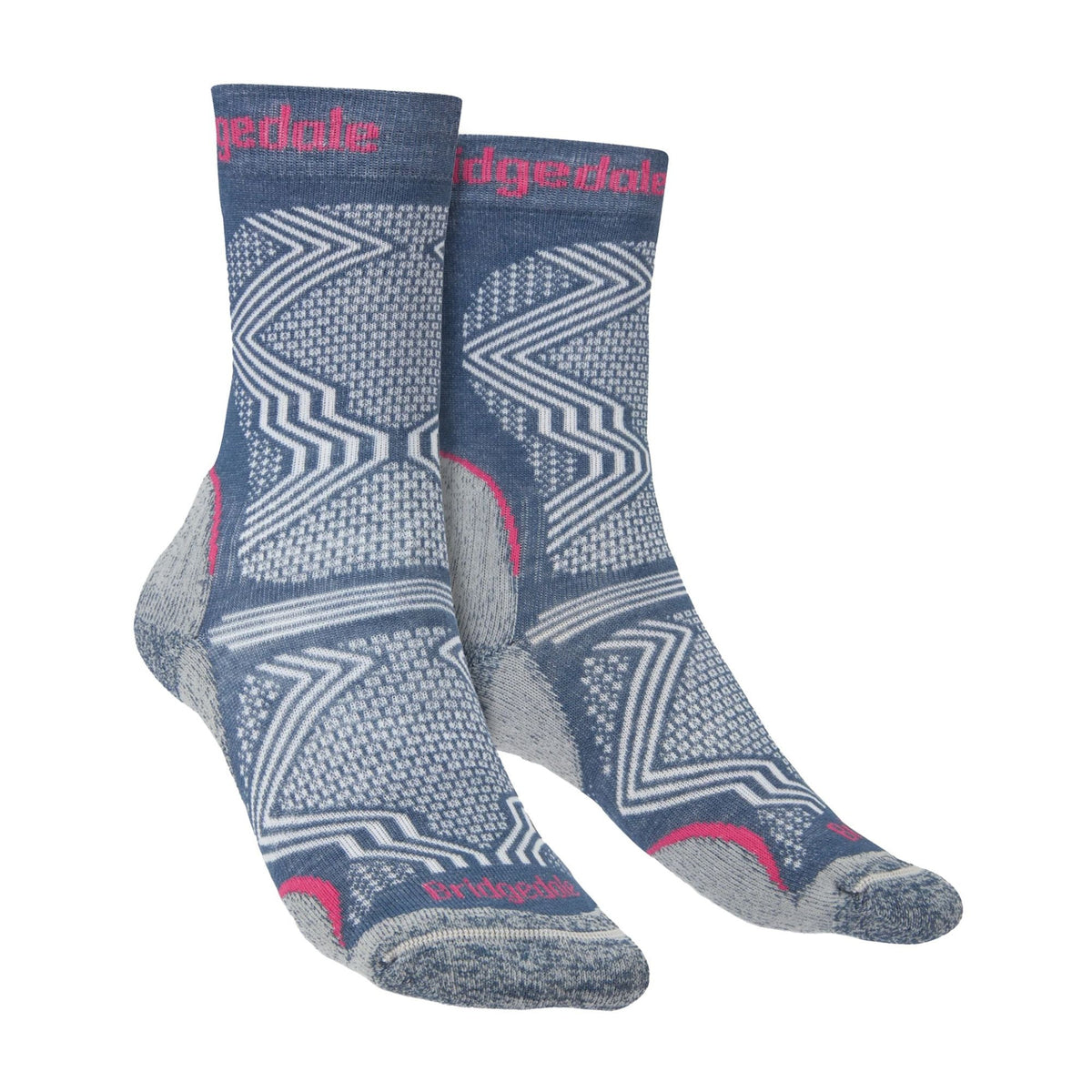 Bridgedale women's hiking boot socks in dark denim with blue and white zigzag pattern