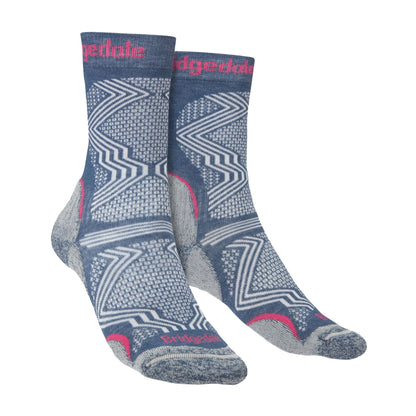Bridgedale women's hiking boot socks in dark denim with blue and white zigzag pattern