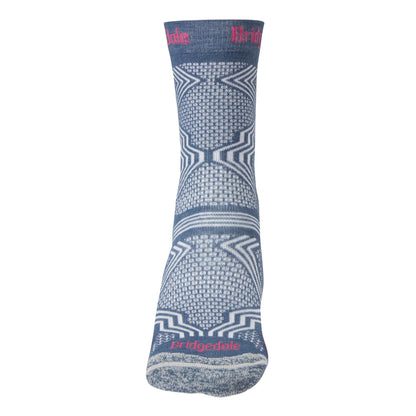Bridgedale women's hiking boot sock, dark denim with geometric stripe knit and blue panels