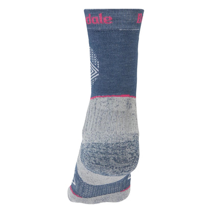 Bridgedale women's hiking boot socks, dark denim crew with pink trim and heather-gray foot