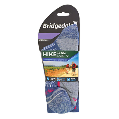 Bridgedale women's hike ultra light T2 boot socks, dark denim crew style