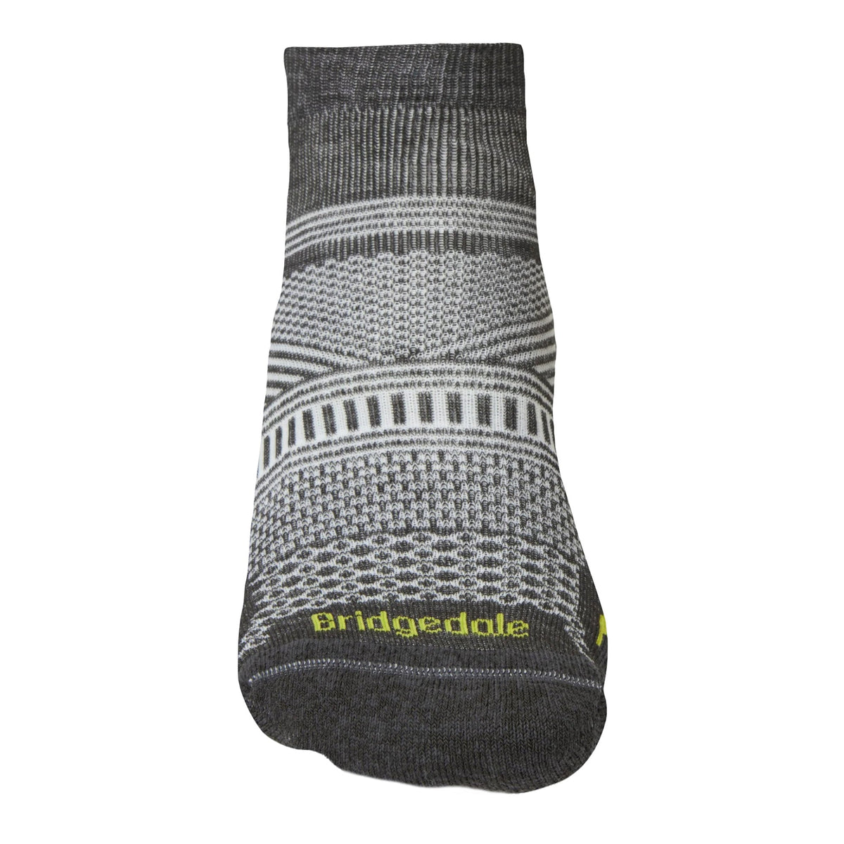 Men's low-cut hiking sock, graphite with gray patterns and Bridgedale logo at cuff
