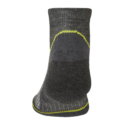Men's low-cut hiking sock cuff and heel, graphite with neon yellow trim