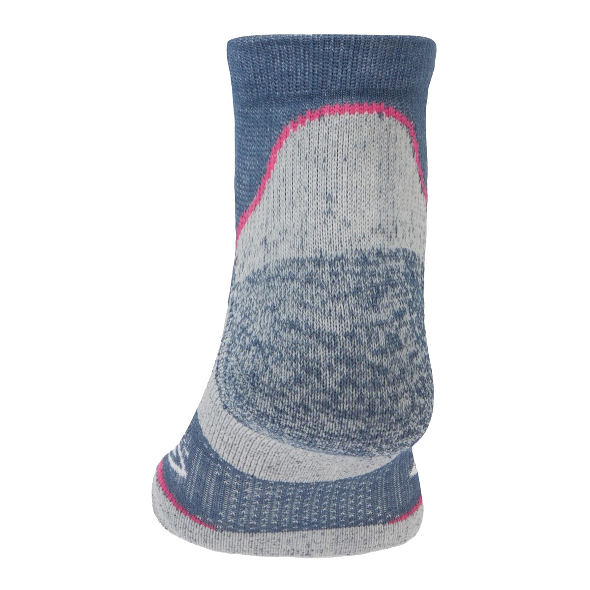 Ladies low-cut hiking socks in dark denim with pink-outlined top and textured knit look