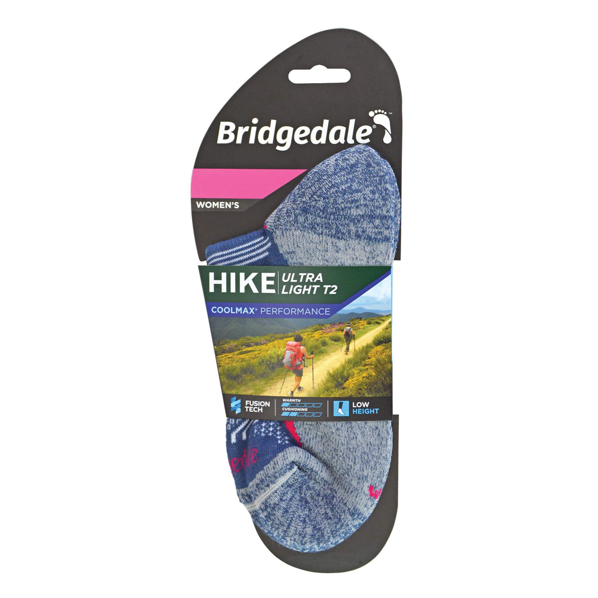 Bridgedale women's Hike Ultra Light T2 low socks, dark denim blue patterned