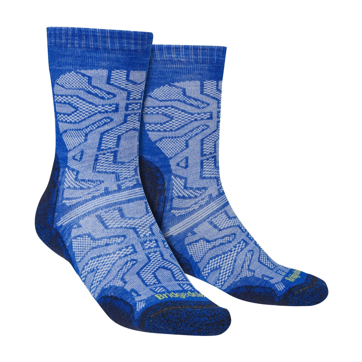 Men's royal blue patterned merino wool crew hiking socks with cushioned soles