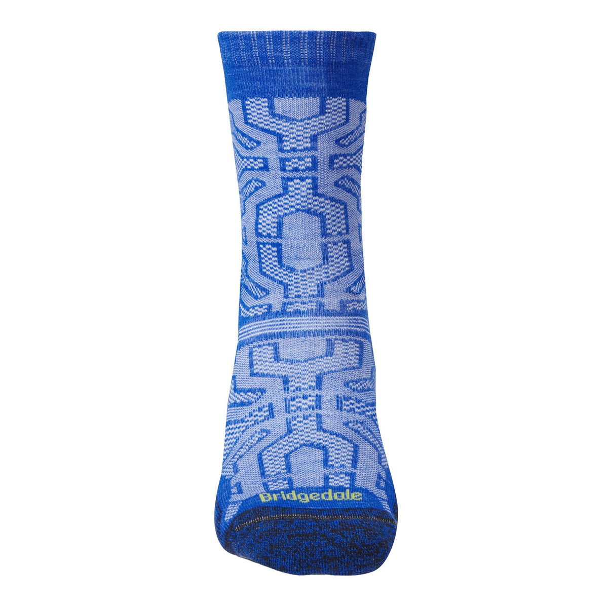 Men's blue patterned merino hiking crew sock with Bridgedale logo