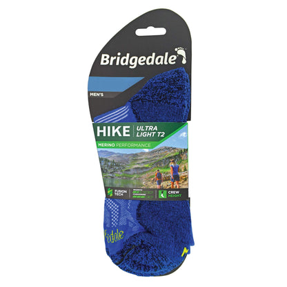 Men's merino hiking crew socks, ultralight T2, blue with patterned design