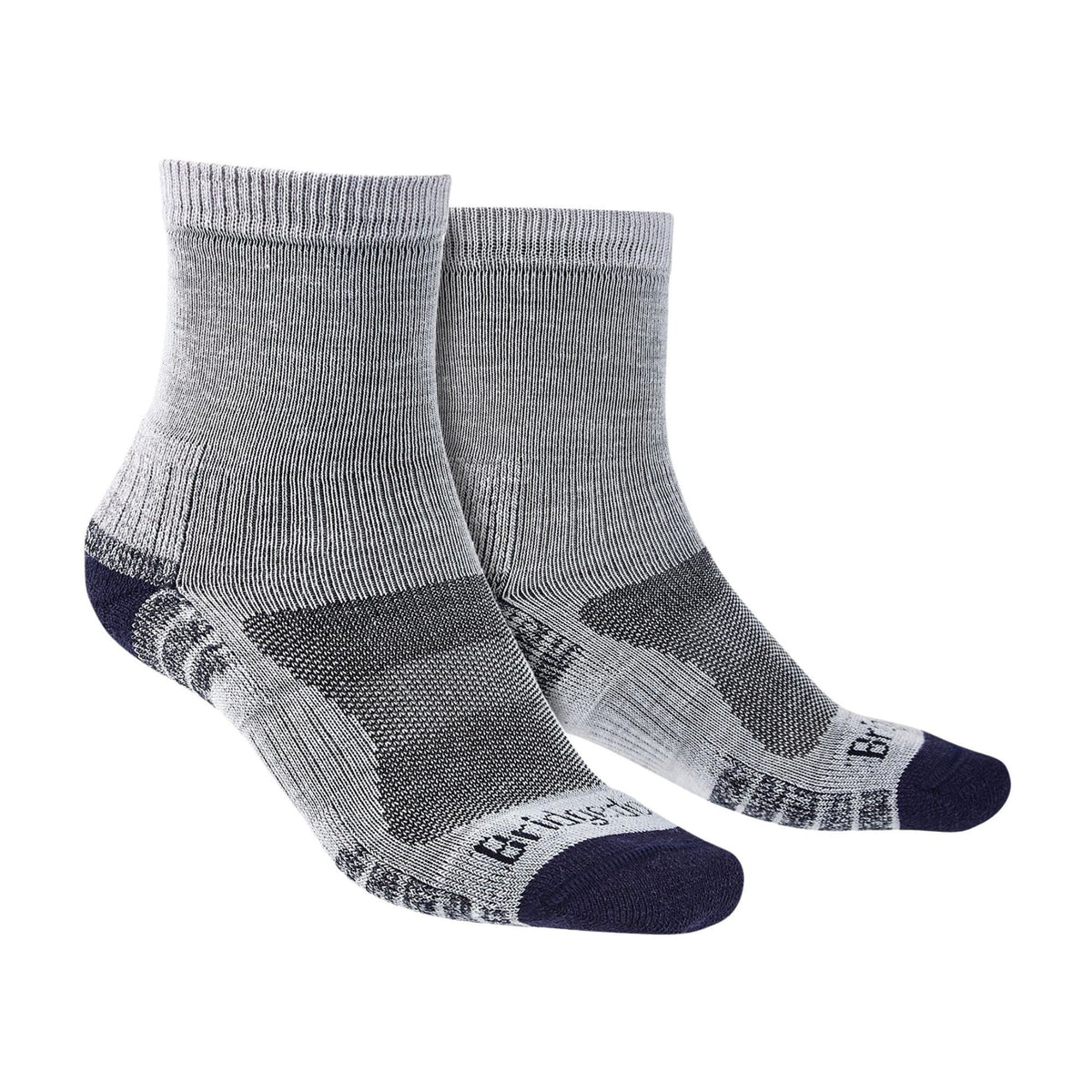 Mens 3/4 crew hiking socks, light gray with navy heel and toe panels