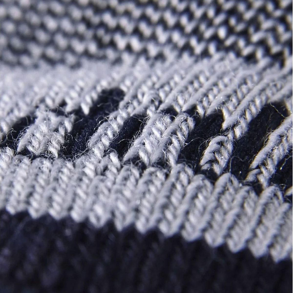 Close-up of knit hiking sock, navy fabric with light gray cushioning bands