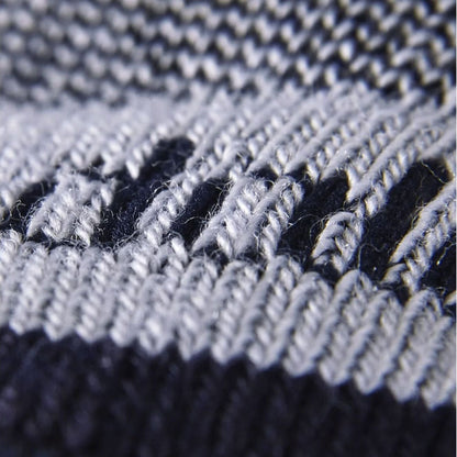 Close-up of knit hiking sock, navy fabric with light gray cushioning bands