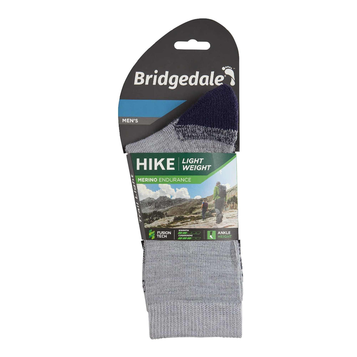 Bridgedale Hike light weight mens merino endurance socks packaging, ankle length