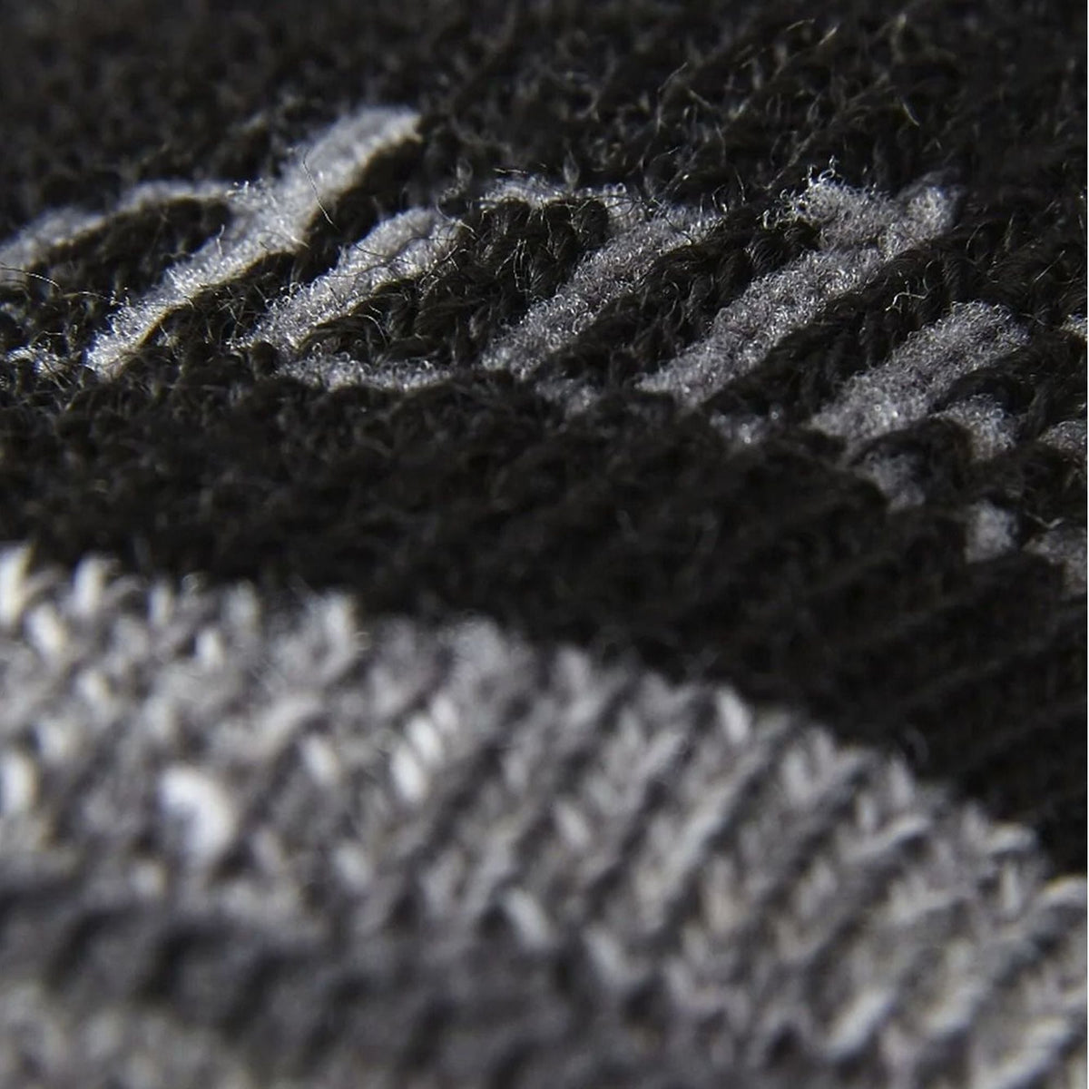 Close-up of ribbed knit hiking sock, dark fabric with gray cushion sections