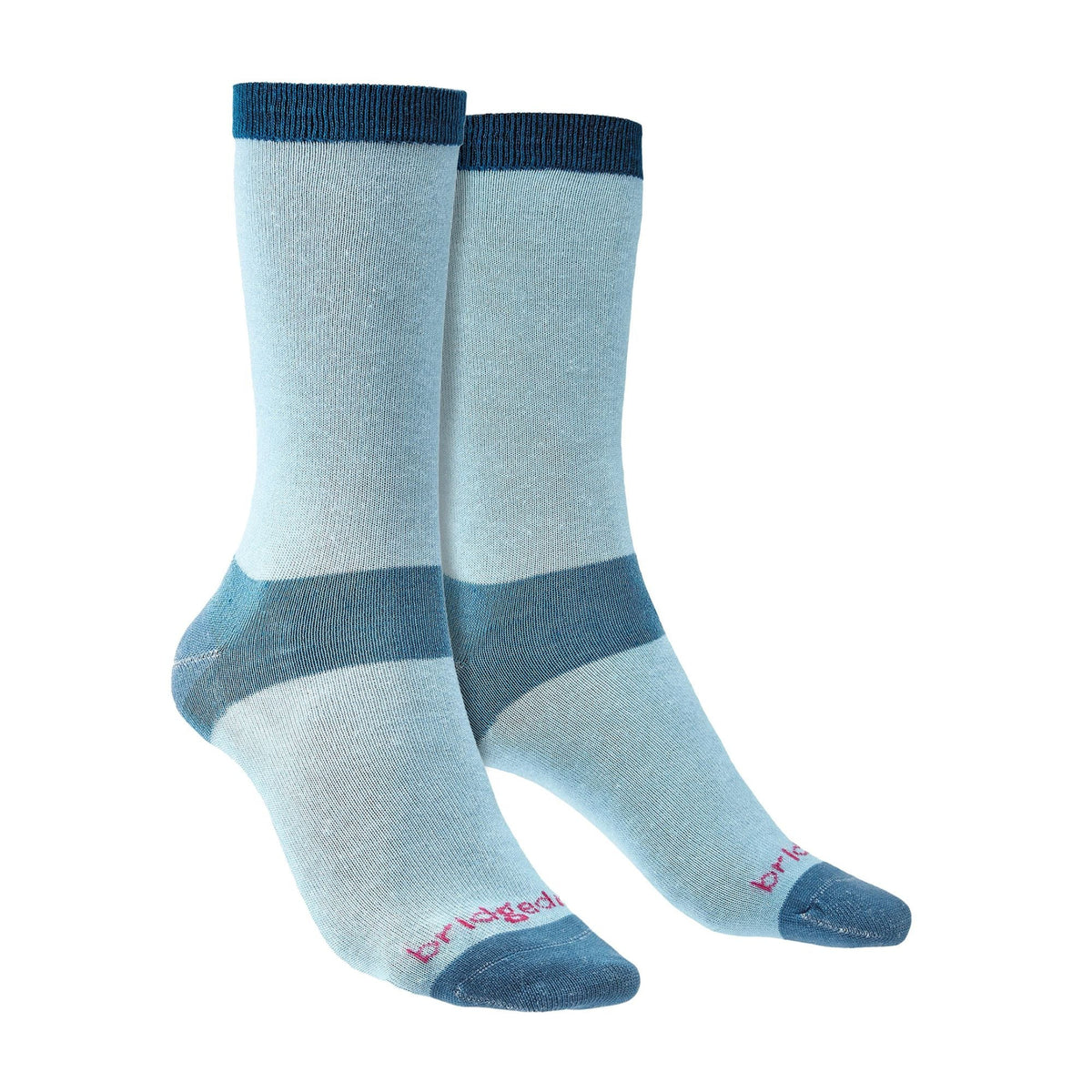 Light blue boot liner socks with darker blue stripes and red embroidered logo