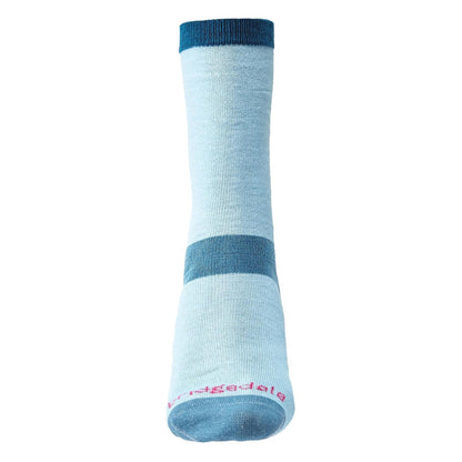 Light blue boot liner sock with dark blue cuff and midfoot stripe, ribbed knit