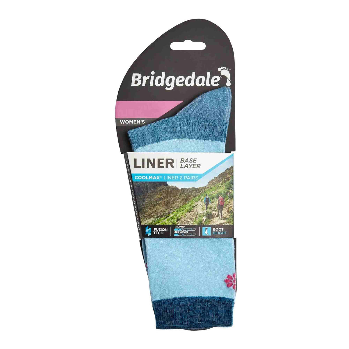 Bridgedale liner boot socks pack, light blue with blue bands for women