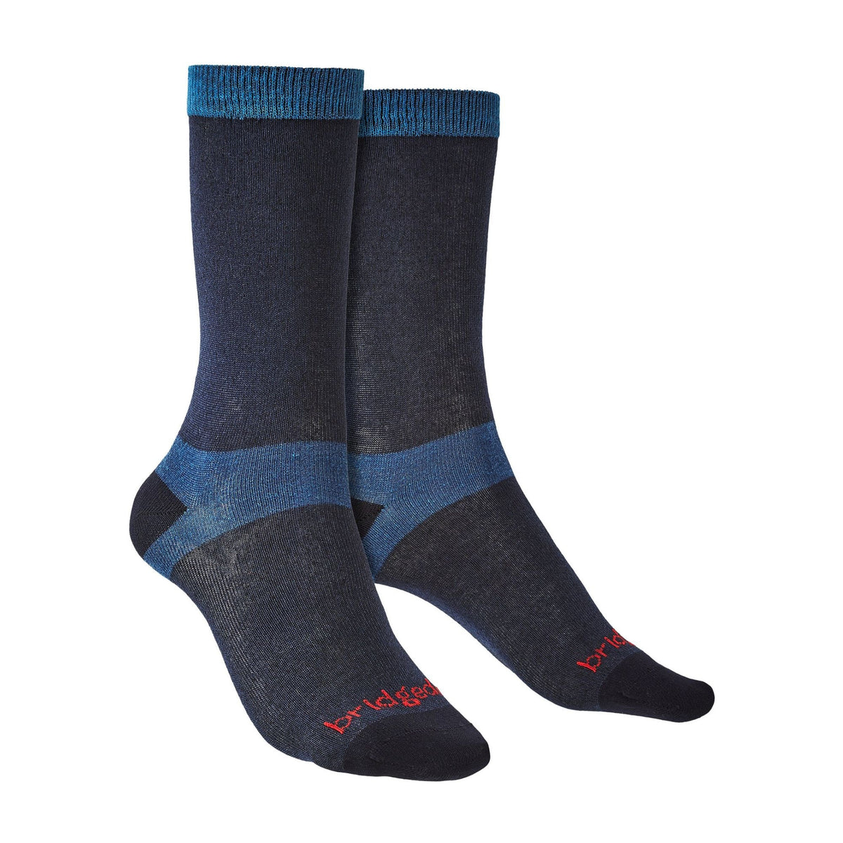 Navy boot liner socks with blue cuff and toe, ribbed knit, comfort logo detail