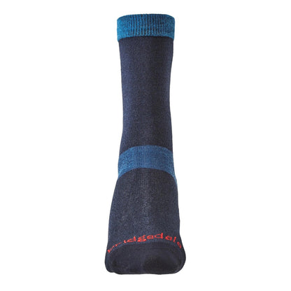 Navy boot liner sock with blue midfoot band and ribbed cuff, terry-knit toe