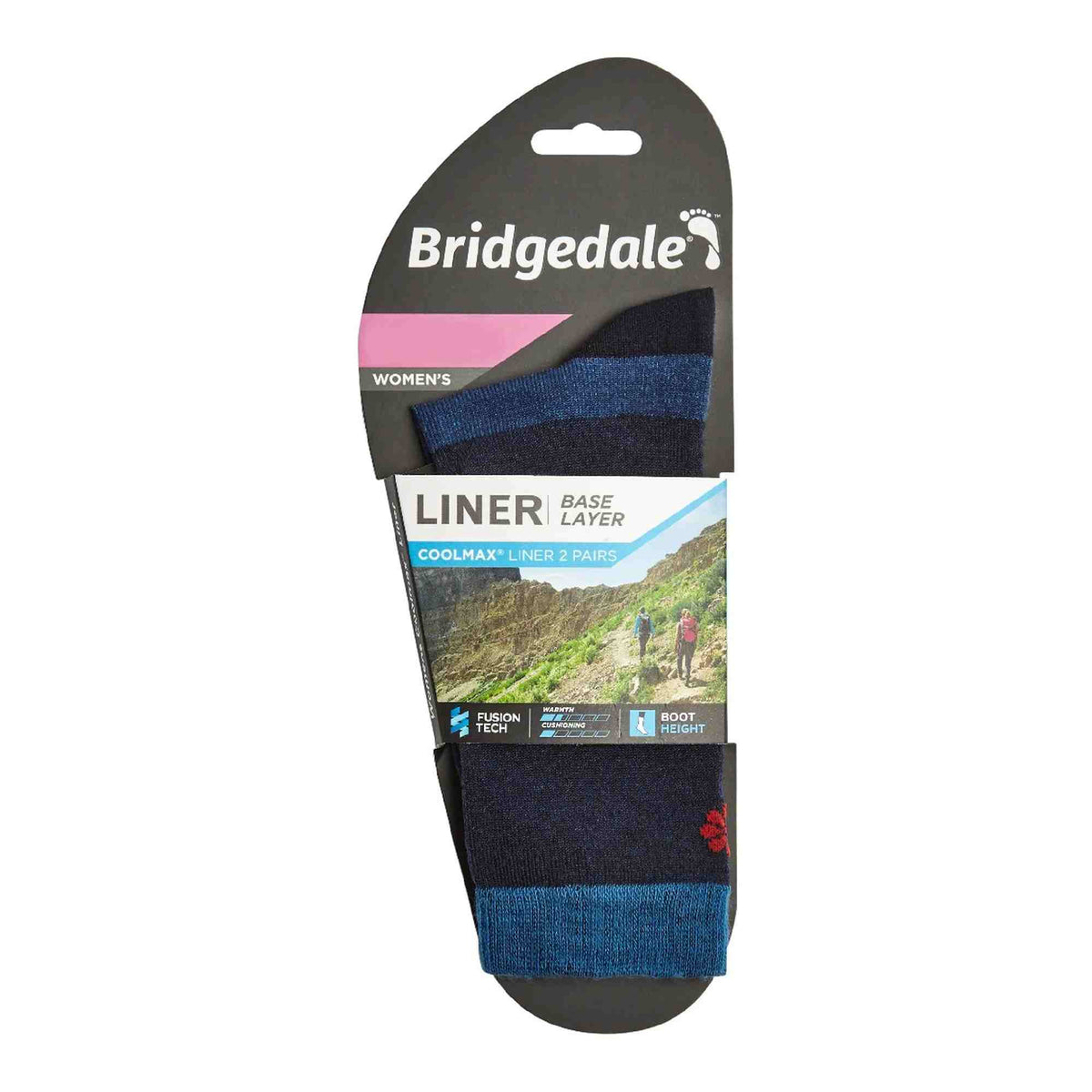 Bridgedale liner boot socks pack, navy with blue bands for women's base layer