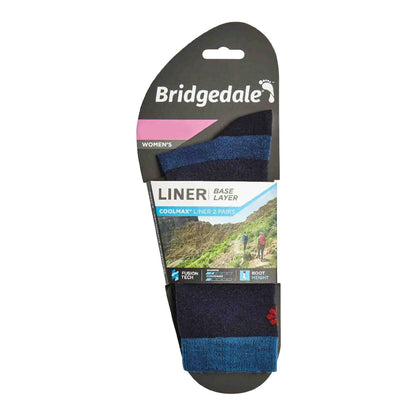 Bridgedale liner boot socks pack, navy with blue bands for women's base layer