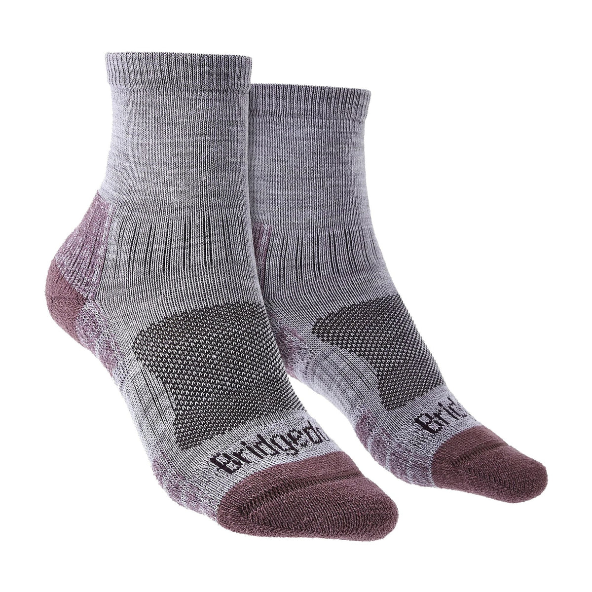 Heather grey 3/4 crew hiking socks with damson heel and toe, merino wool blend