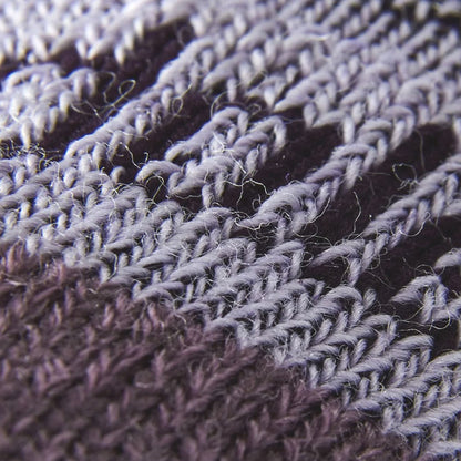 Close-up of textured knit merino sock fabric in blue and purple tones