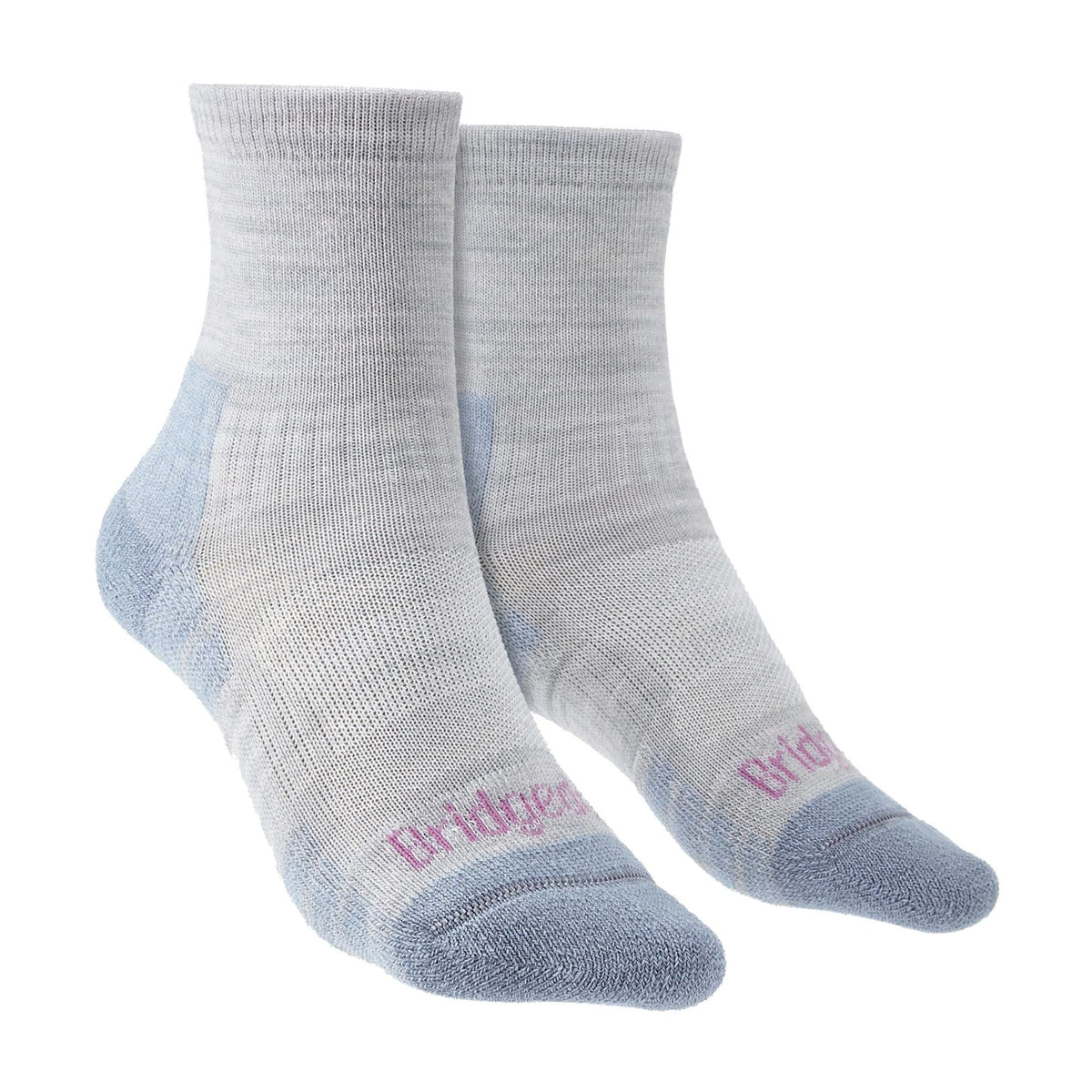 Light grey 3/4 crew hiking socks with blue heel and toe, merino wool blend