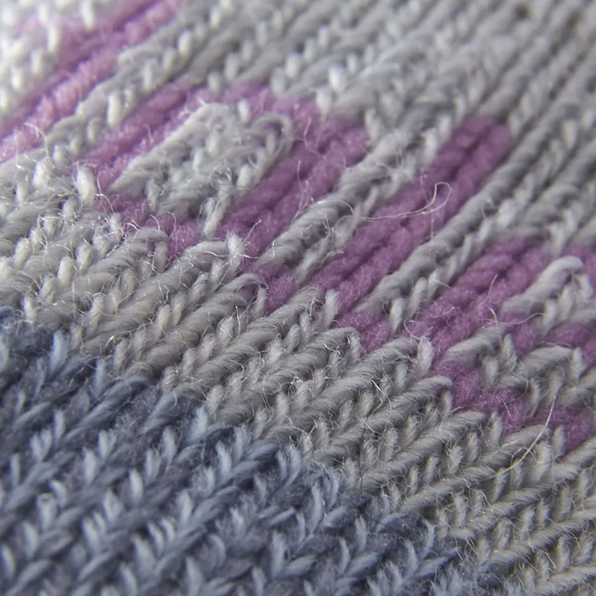 Close-up of heather knit merino sock fabric with purple and grey thread