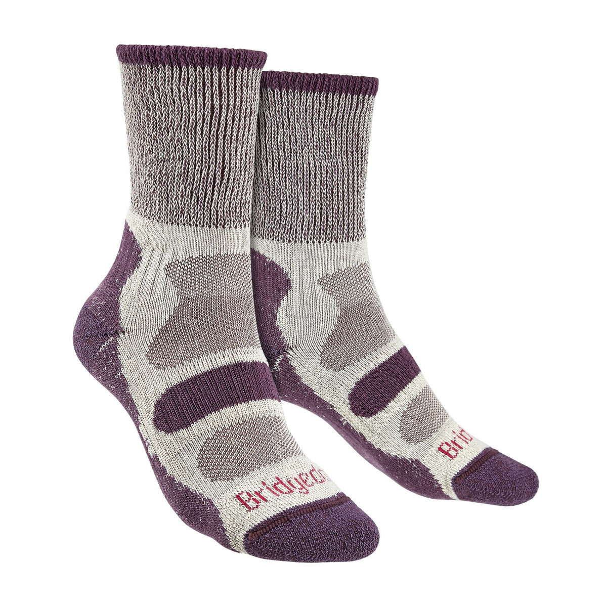 Plum and gray ladies hiking boot socks, cushion sole and patterned knit.