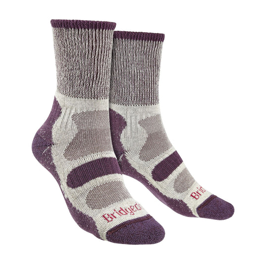 Plum and gray ladies hiking boot socks, cushion sole and patterned knit.