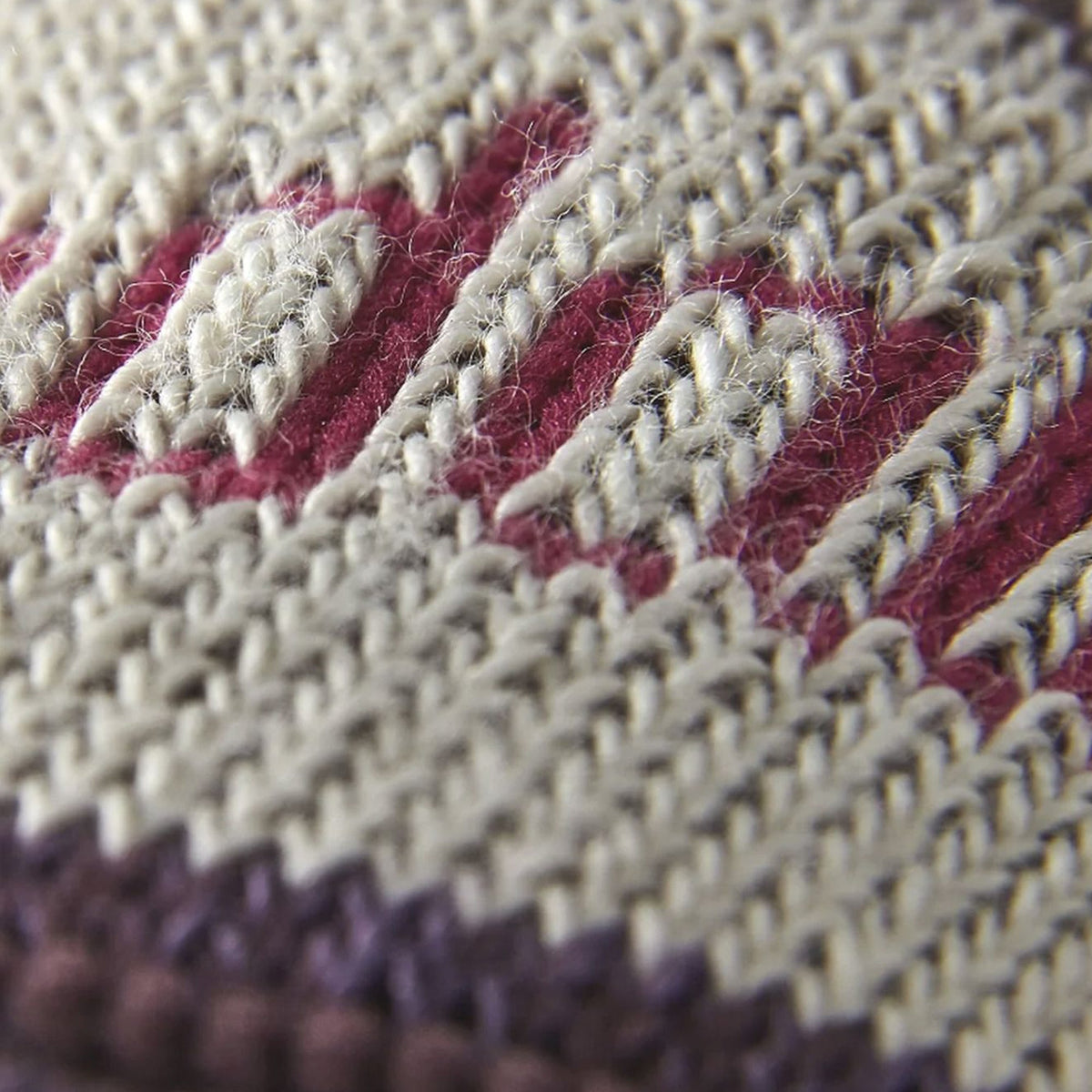 Close-up knit of plum hiking boot socks with light contrast panels.