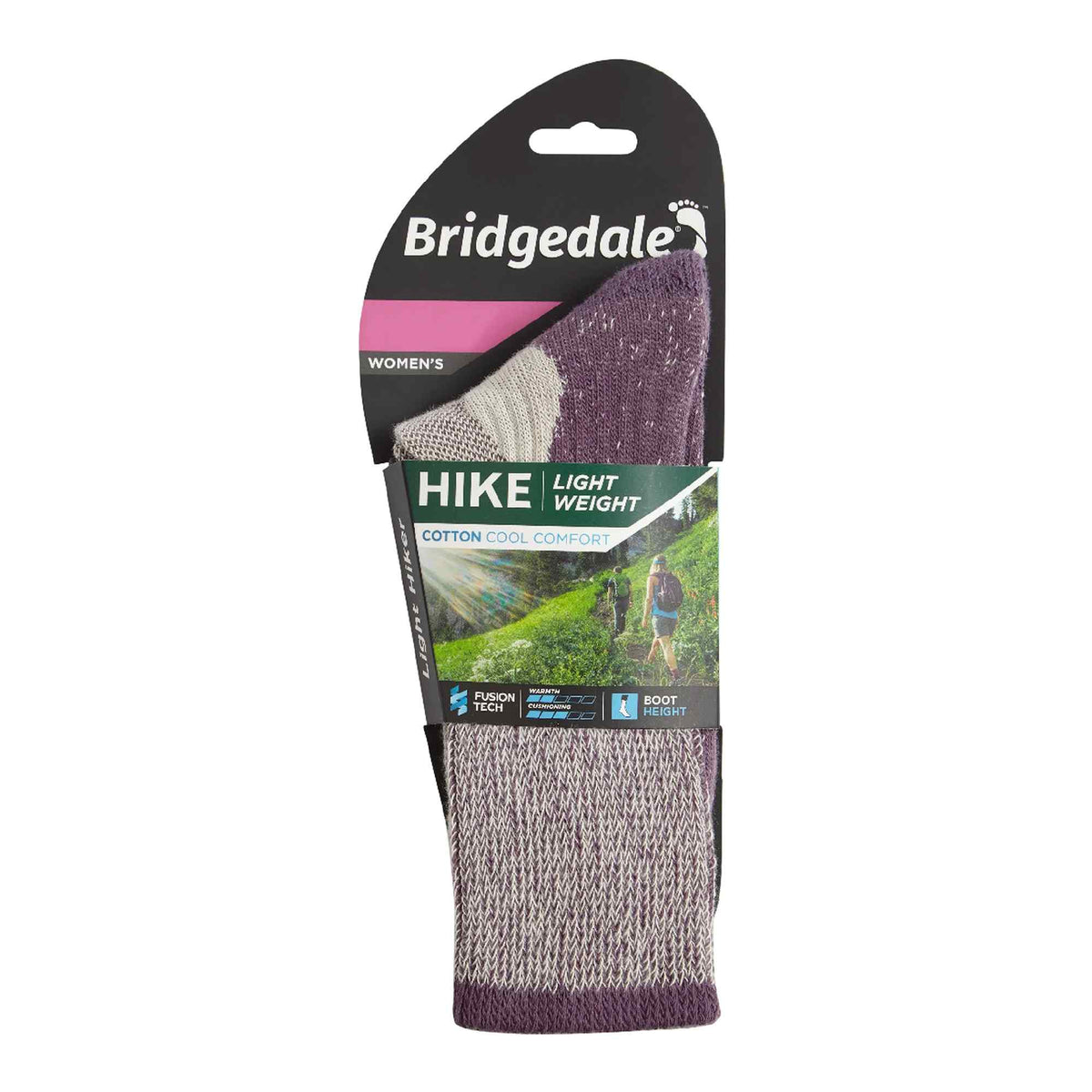 Women’s plum hiking boot socks in retail box, lightweight cotton cool comfort.