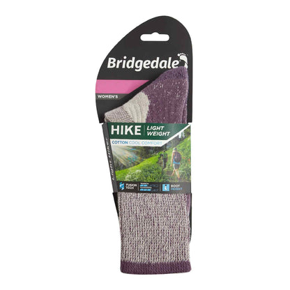 Women’s plum hiking boot socks in retail box, lightweight cotton cool comfort.