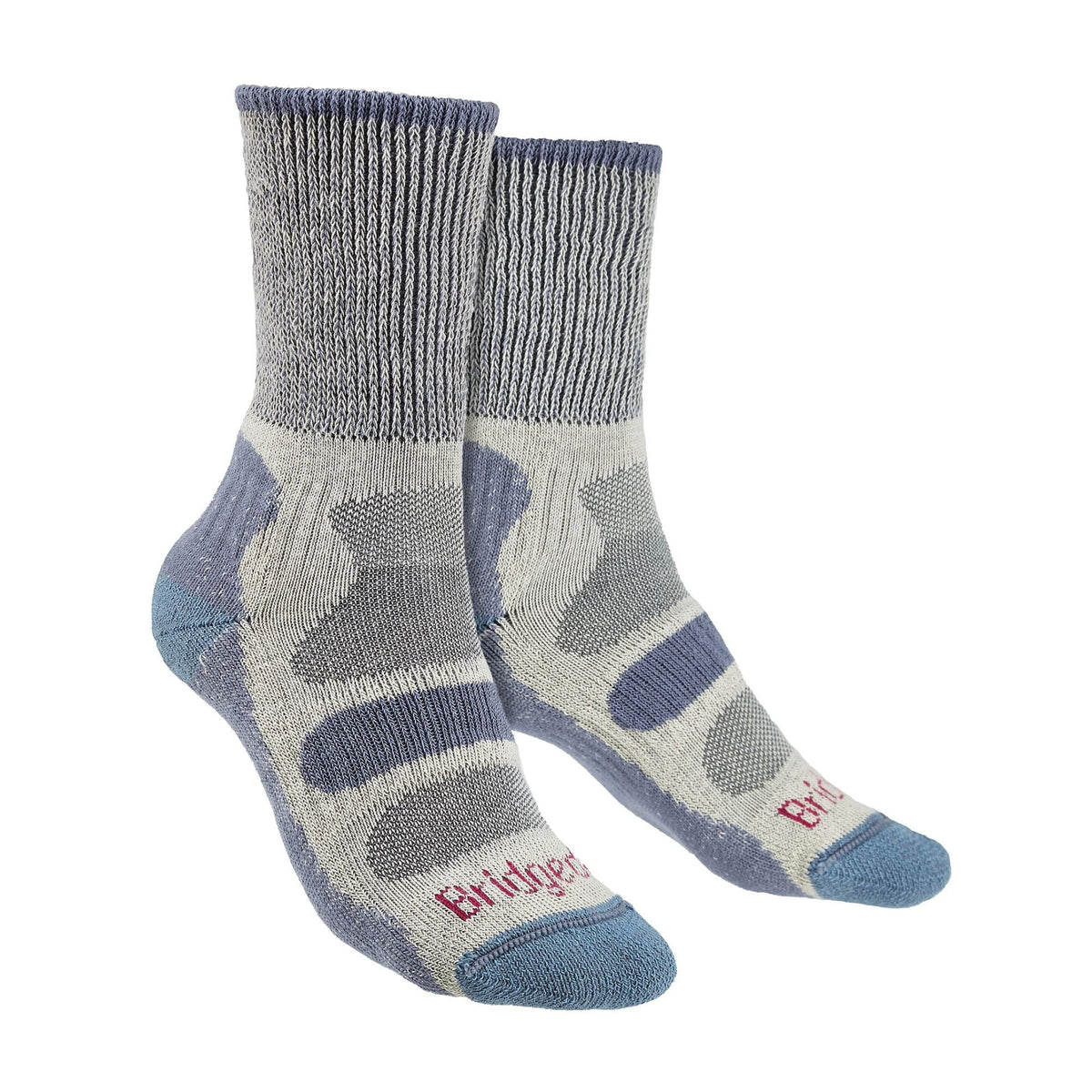 Smoky blue and gray ladies hiking boot socks with patterned cushion zones.