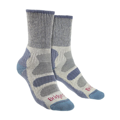 Smoky blue and gray ladies hiking boot socks with patterned cushion zones.