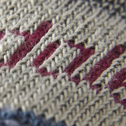 Close-up knit texture of plum hiking boot socks with light contrast stitching.