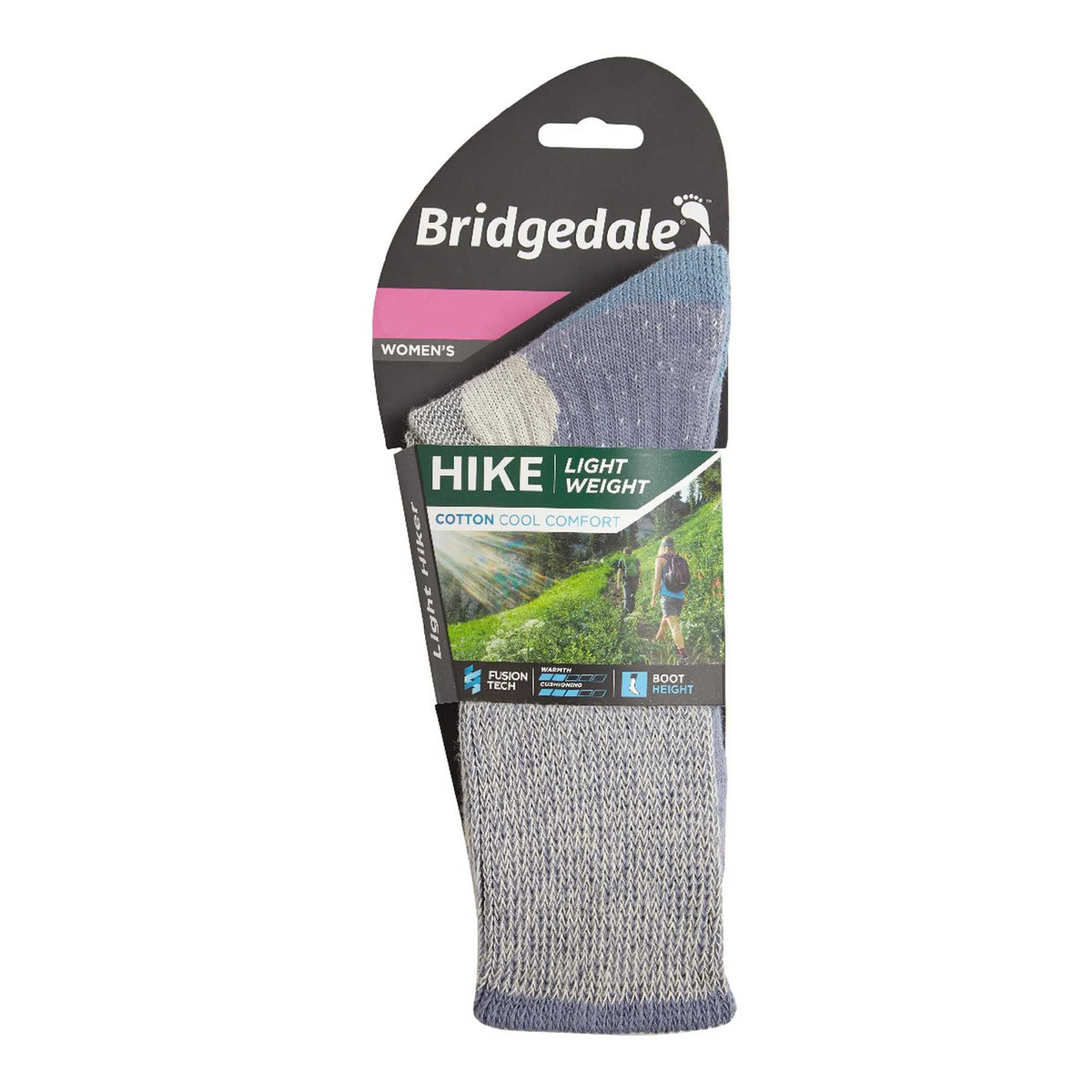 Women’s smoky blue hiking boot socks on retail card, lightweight cotton cool comfort.